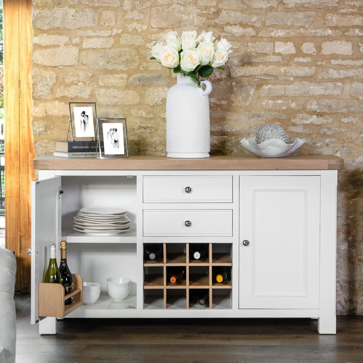 Chunky Oak Large Sideboard with Door, Drawer and Wine Rack - White - Kettle Homes