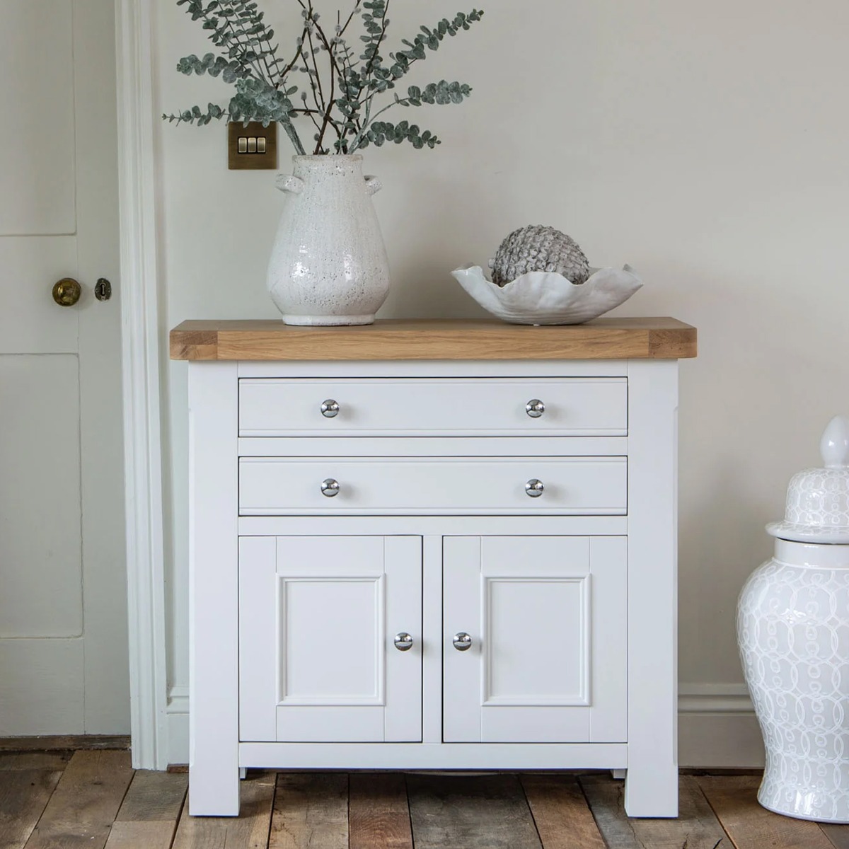 Chunky Oak Small Sideboard with 2 Door and 2 Drawer - White - Kettle Homes