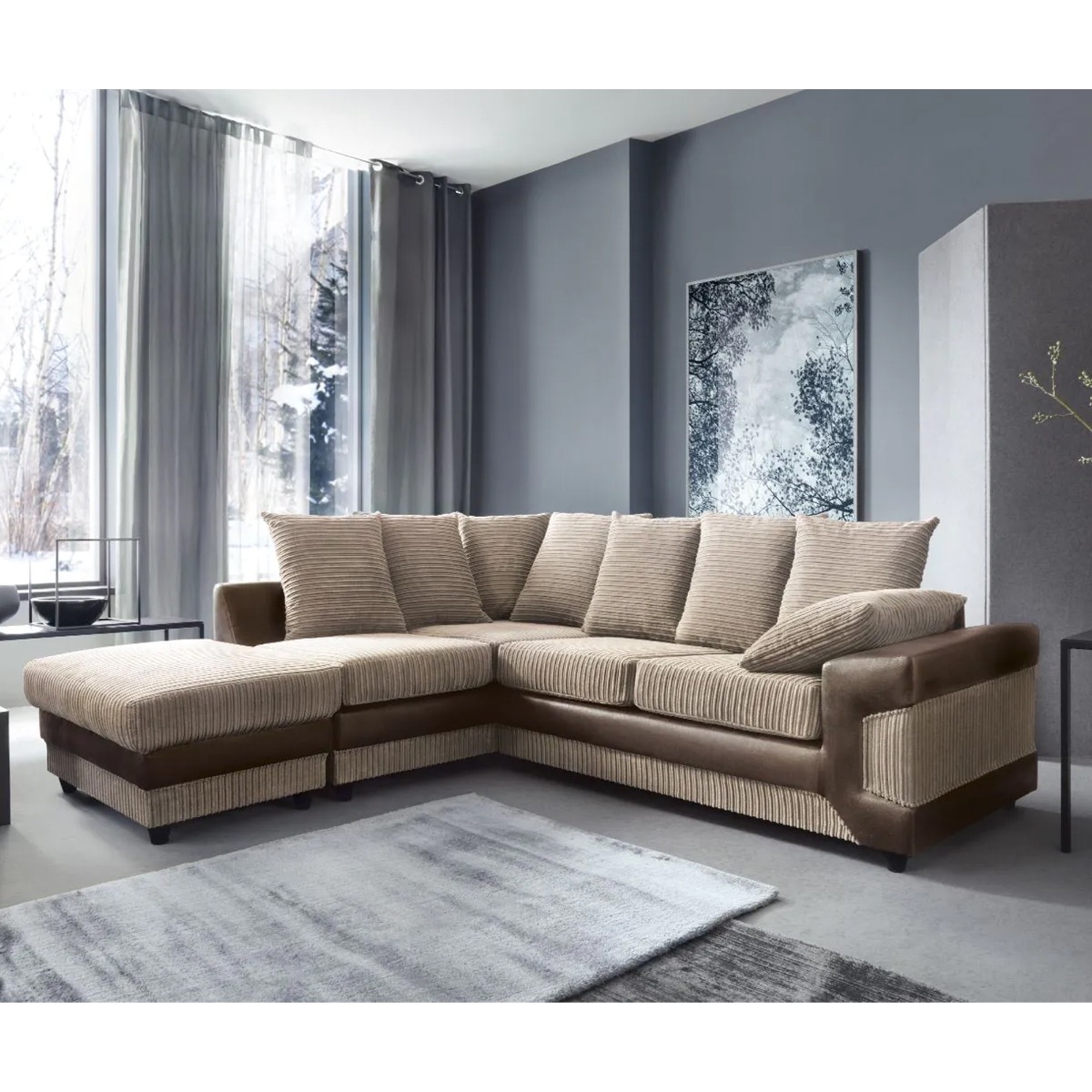 DINO Jumbo Cord 5 Seater L Shaped - Left Hand Facing Corner Sofa - Brown and Beige - Home Done