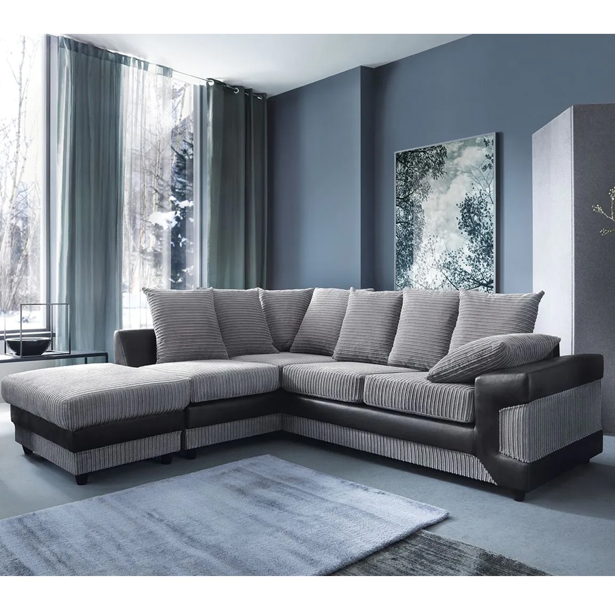DINO Jumbo Cord 5 Seater L Shaped - Left Hand Facing Corner Sofa - Black and Grey - Home Done