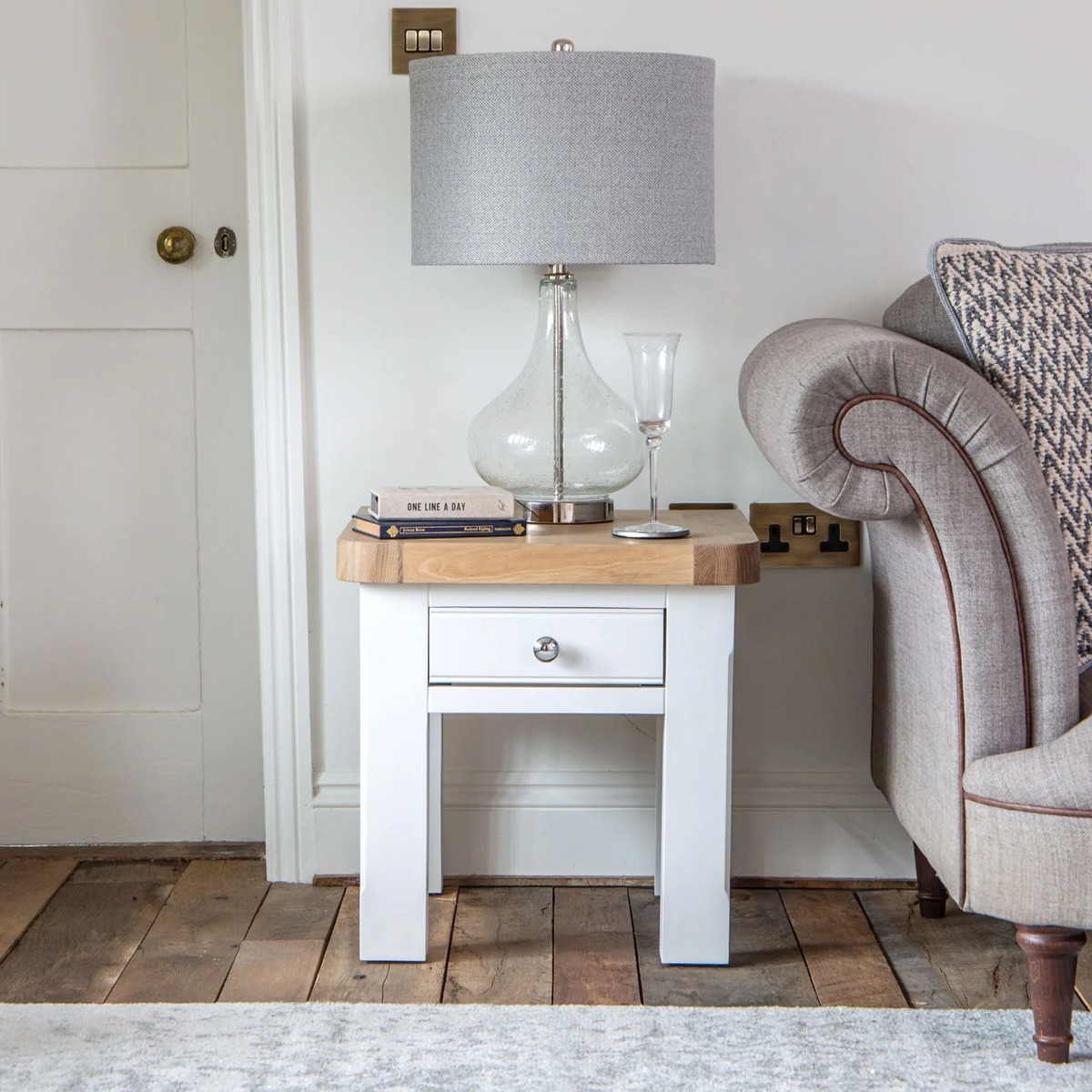 Chunky Oak Lamp Table with Drawer Chrome Handle - White