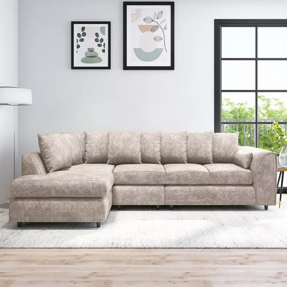 LORVANI Fabric Large 5 Seater L Shaped Scatterback Corner Sofa - Beige, Left Hand Facing - Home Done