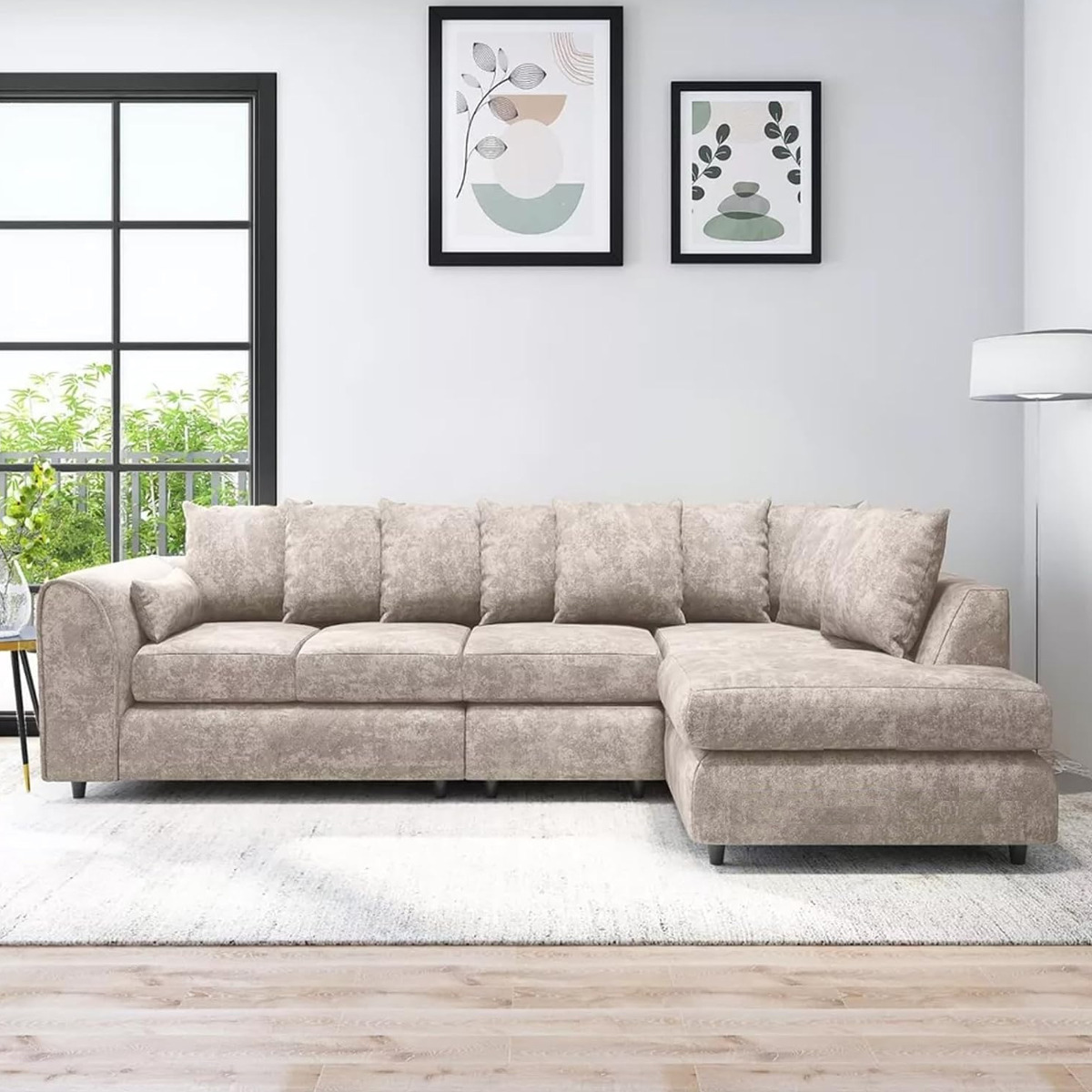 LORVANI Fabric Large 5 Seater L Shaped Scatterback Corner Sofa - Beige, Right Hand Facing - Home Done