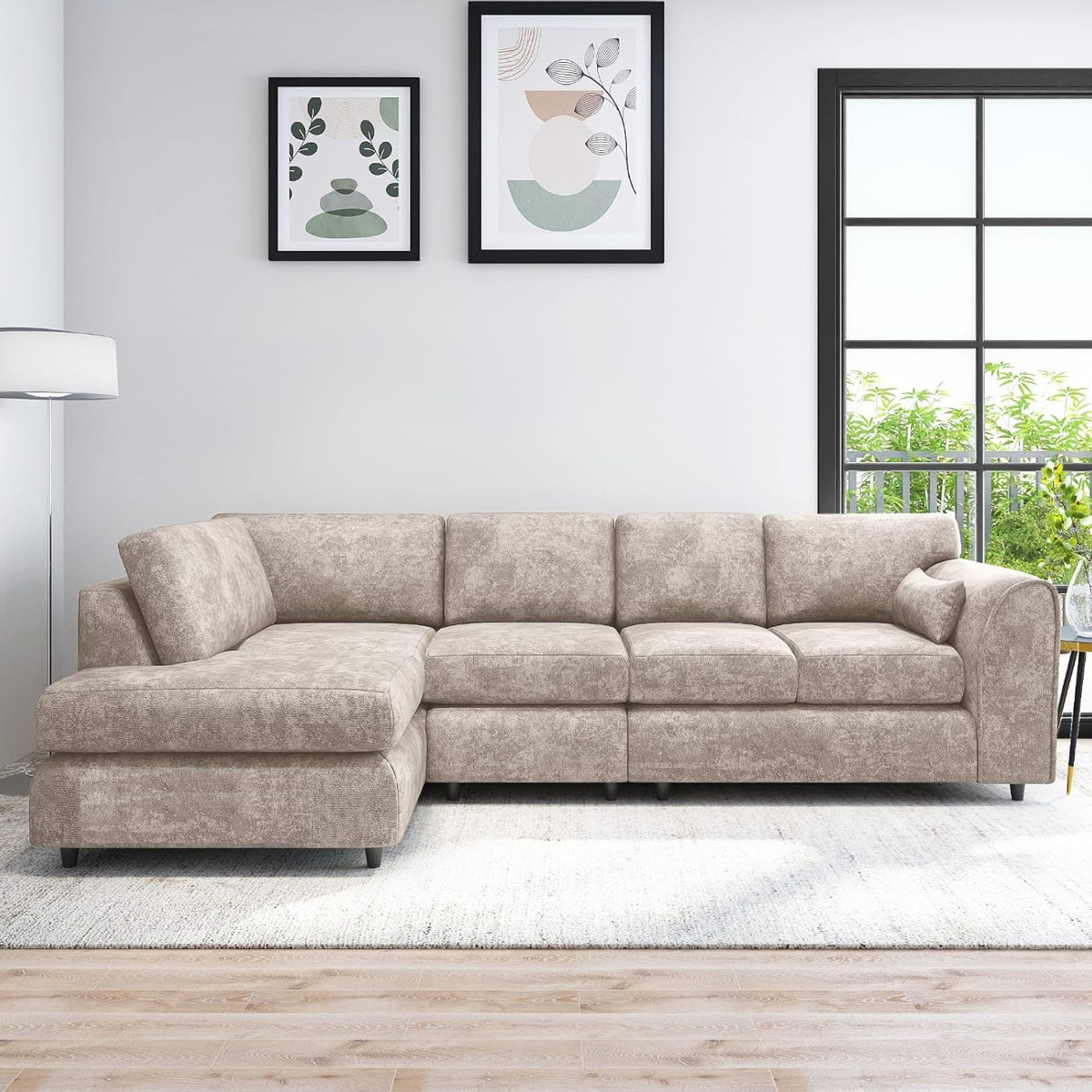 LORVANI Fabric Large 5 Seater L Shaped Fullback Corner Sofa - Beige, Left Hand Facing - Home Done