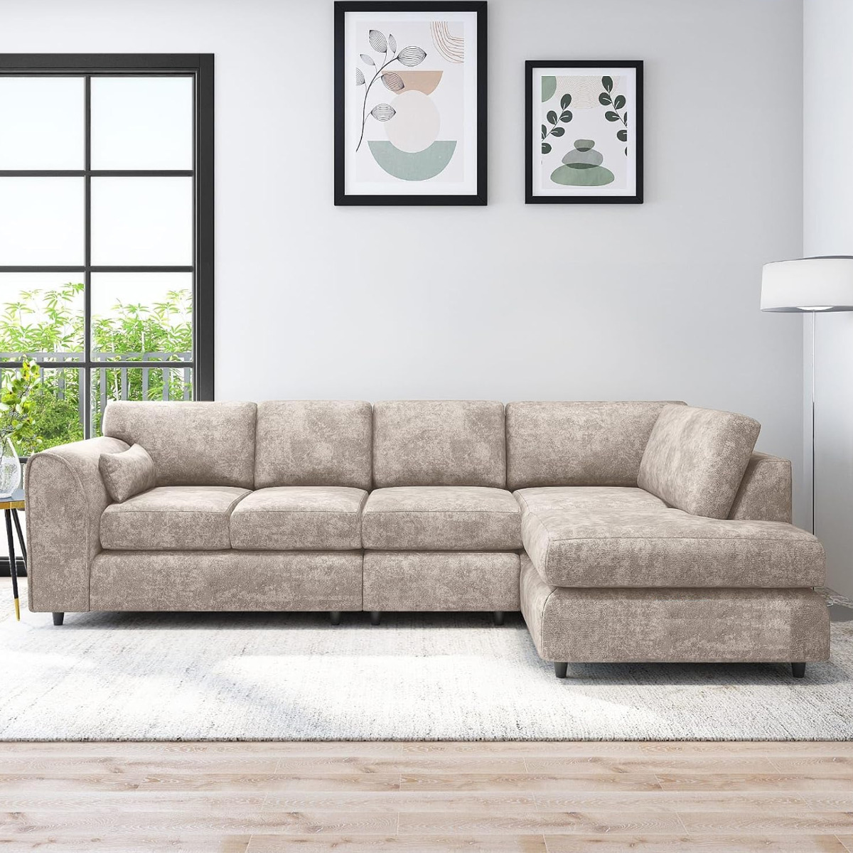 LORVANI Fabric Large 5 Seater L Shaped Fullback Corner Sofa - Beige, Right Hand Facing - Home Done