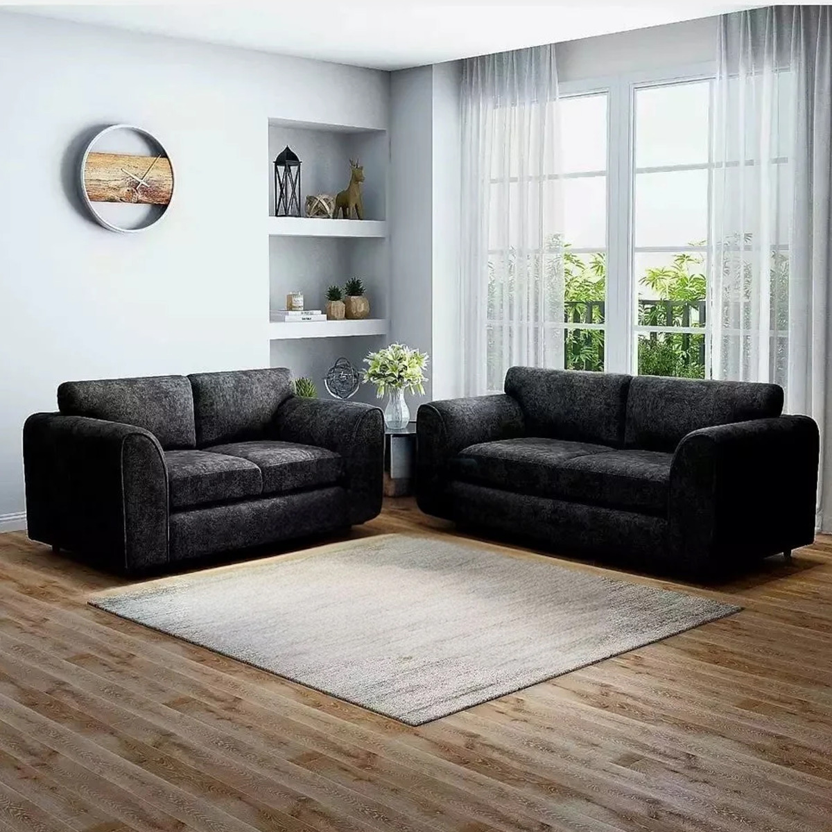 LORVANI Fabric 3 and 2 Seater Fullback Sofa Set - Black - Home Done