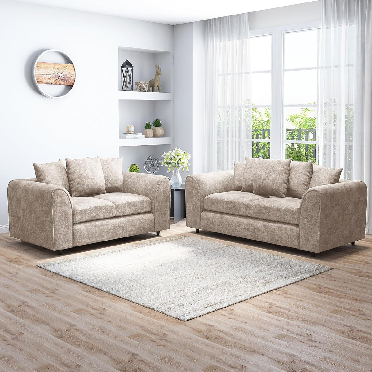 LORVANI Fabric 3 and 2 Seater Scatterback Sofa Set - Beige - Home Done