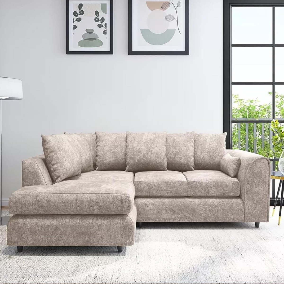 LORVANI Fabric 4 Seater L Shaped Scatterback Corner Sofa - Beige, Left Hand Facing - Home Done
