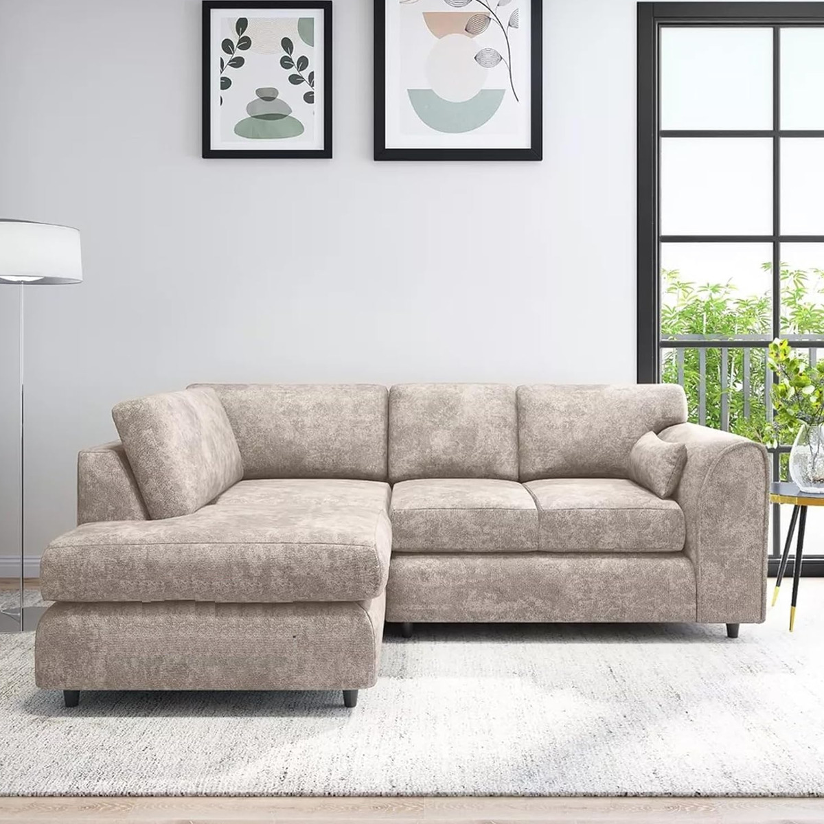LORVANI Fabric 4 Seater L Shaped Fullback Corner Sofa - Beige, Left Hand Facing - Home Done