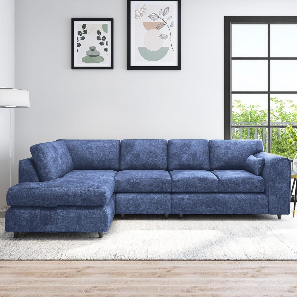 LORVANI Fabric Large 5 Seater L Shaped Fullback Corner Sofa - Midnight Blue, Left Hand Facing - Home Done