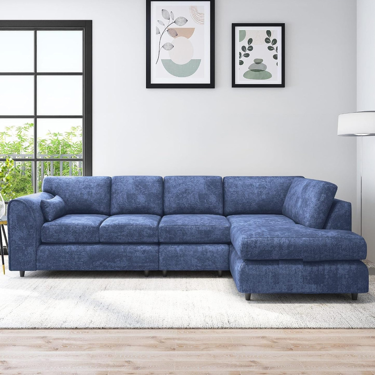 LORVANI Fabric Large 5 Seater L Shaped Fullback Corner Sofa - Midnight Blue, Right Hand Facing - Home Done