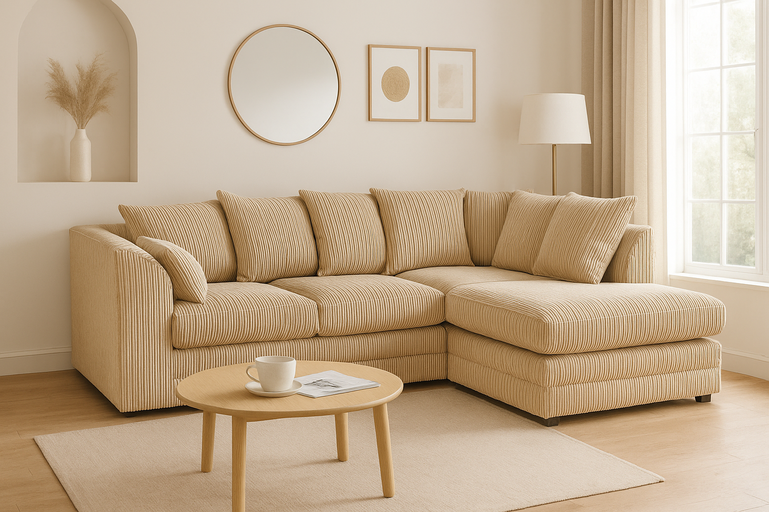 MONA Jumbo Cord 4 Seater L Shaped - Right Hand Facing Corner Sofa - Mink - Home Done