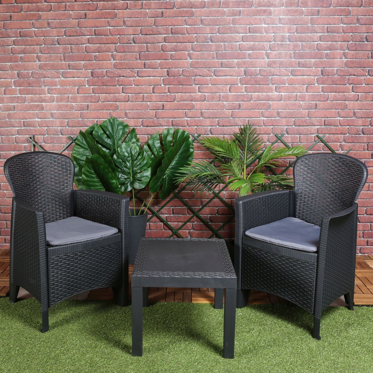 Outdoor Rattan 3 PCS Bistro Set with Table and Cushions - Black - Bedroom & More