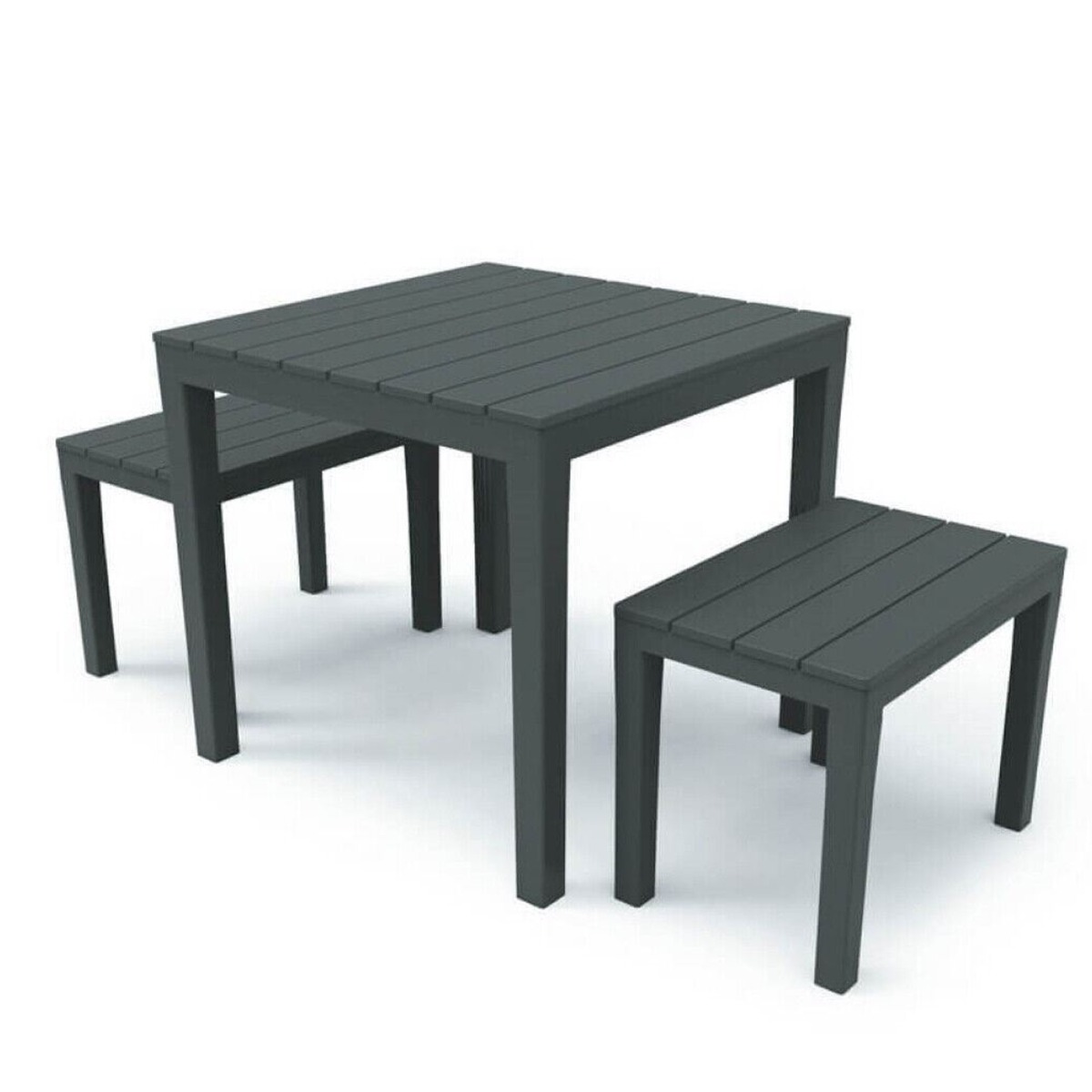 Outdoor Square Plastic Dining Table with 2 Benches - Anthracite - Bedroom & More