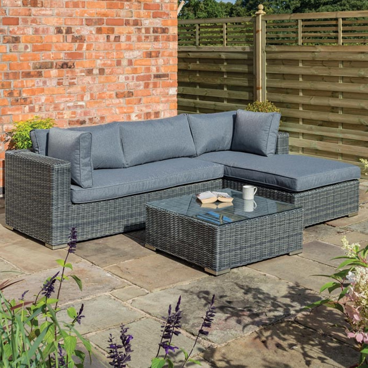 Vienna Weatherproof Rattan Weave Two Piece Lounger Set with Cushions and Glass Top Table - Grey - Etta Gardens