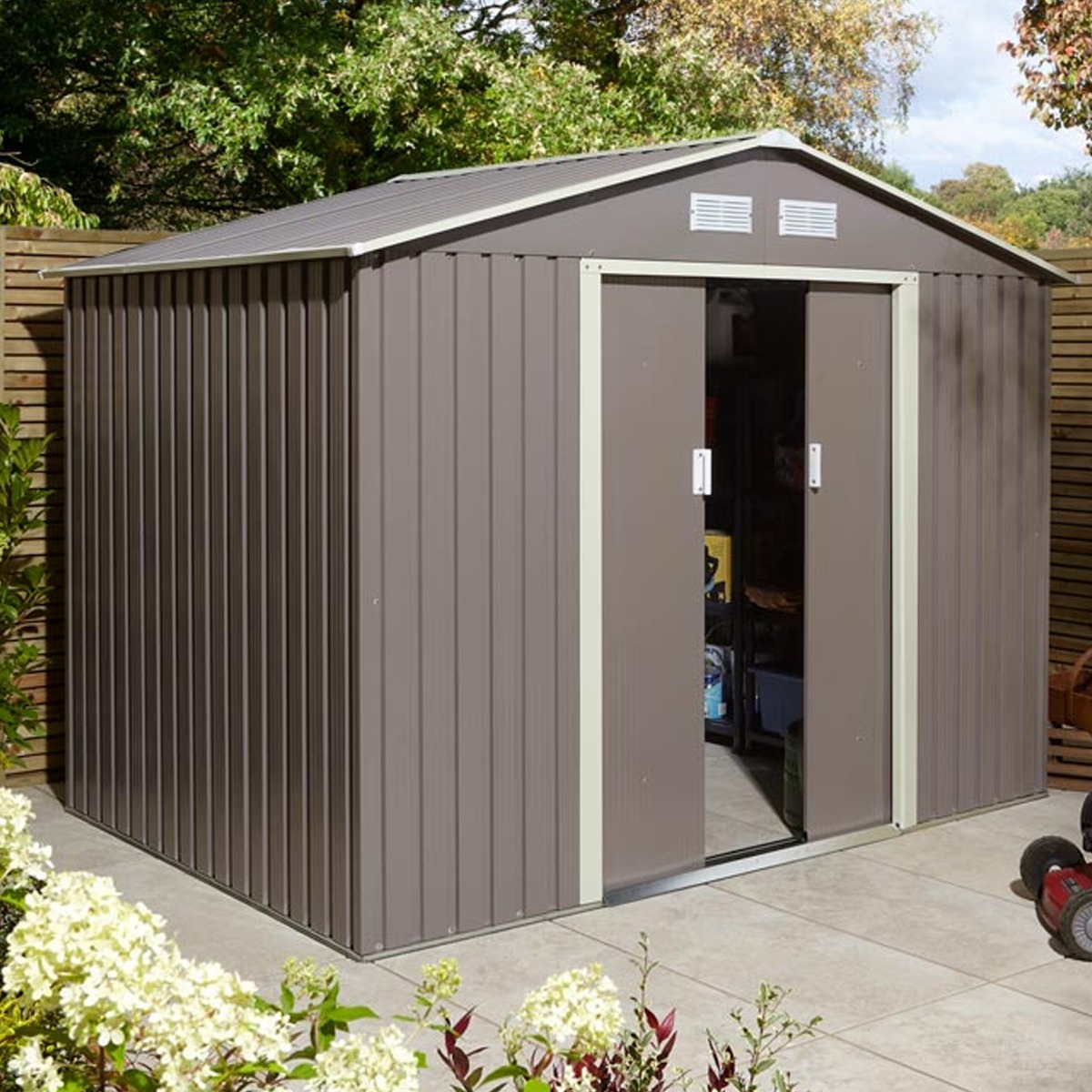 Tyson Double Sliding Door 8x6 Metal Pent Style Roof Shed - Light Grey - Etta Gardens