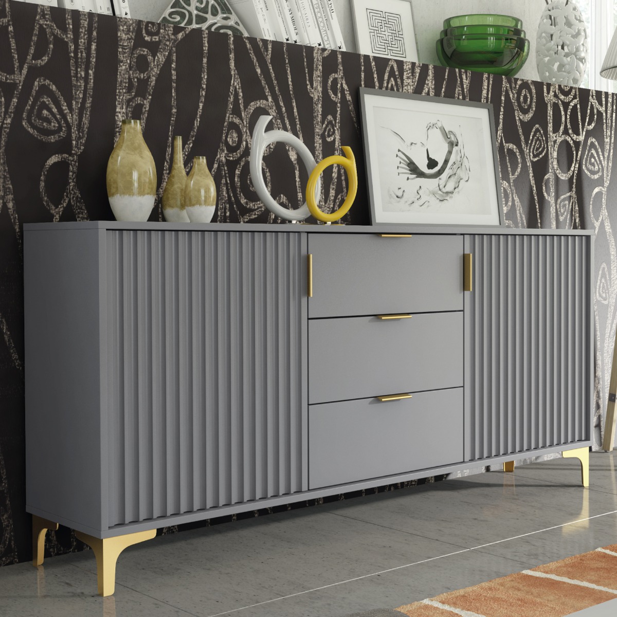 PERUGIA Crest Gold Sideboard 140cm - Dark Grey - Crete Bay