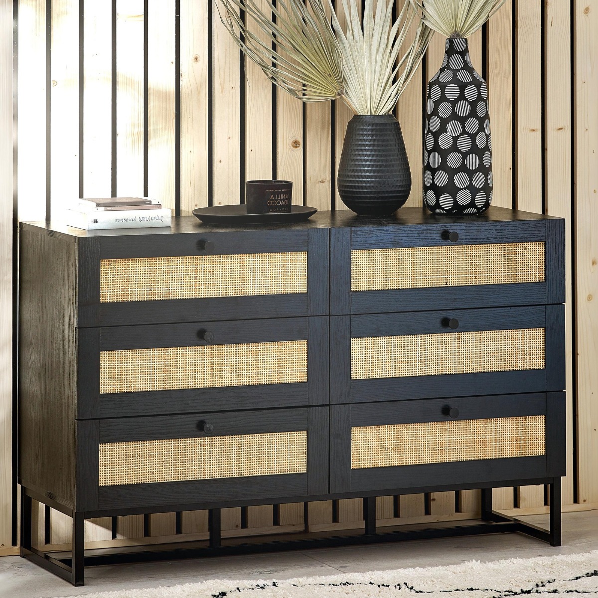 PETERLEE Black Rattan Chest of Drawers - Large-sized, 6 Drawers, Double - JB Collections