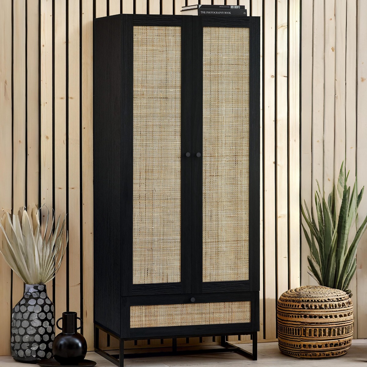 Wardrobe - PETERLEE 2 Door Rattan Wardrobe Black 80cm - JB Collections