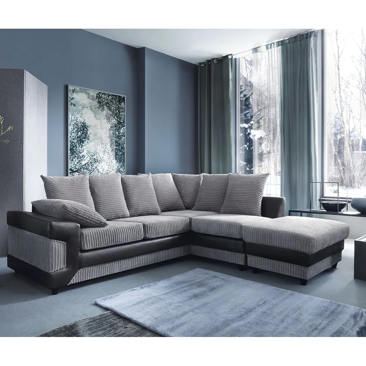 DINO Jumbo Cord 5 Seater L Shaped - Right Hand Facing Corner Sofa - Black and Grey - Home Done
