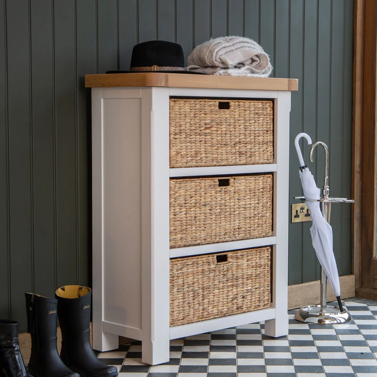 Chunky Oak Shoe Storage Chest with 3 Wicker Baskets