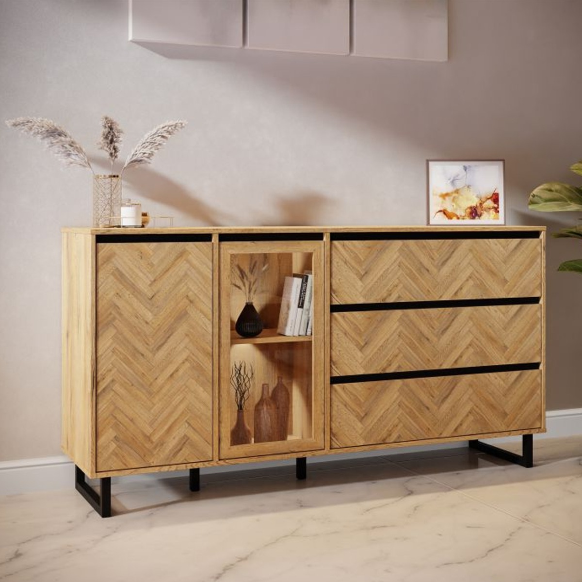 Cherwell Single Glass Door Sideboard with 3 Drawers - Oak with Matt Black - Rosalind Collection