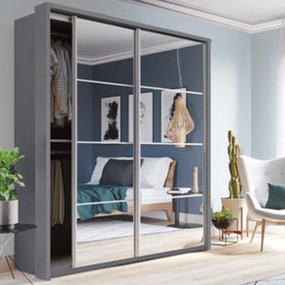 Sliding Wardrobe - ARTU 2 Door Mirrored Wardrobe Grey 180cm - Interior Savant