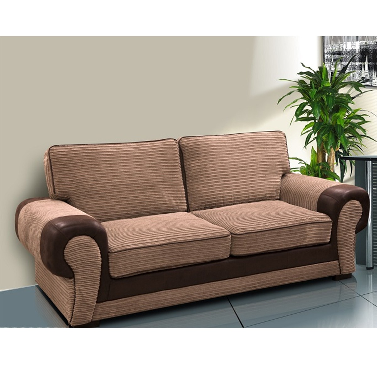 LORRAINE Jumbo Cord 3 Seater Fullback Sofa - Brown and Beige - Home Done