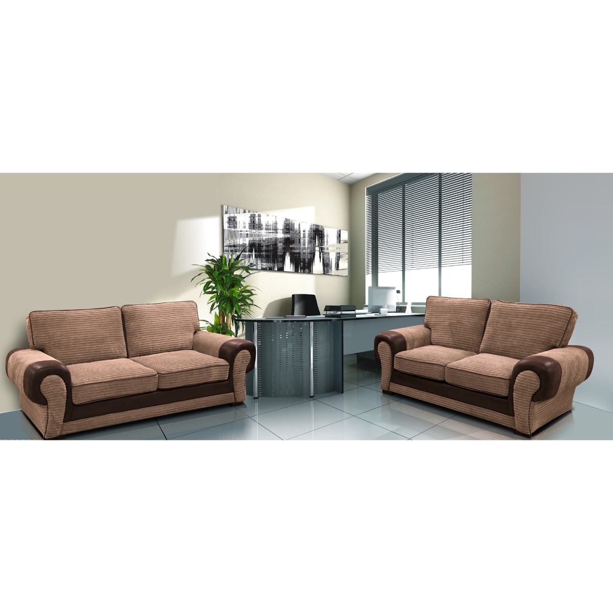 Lorraine Jumbo Cord 3 Seater and 2 Seater Sofa Set - Brown and Beige - Home Done