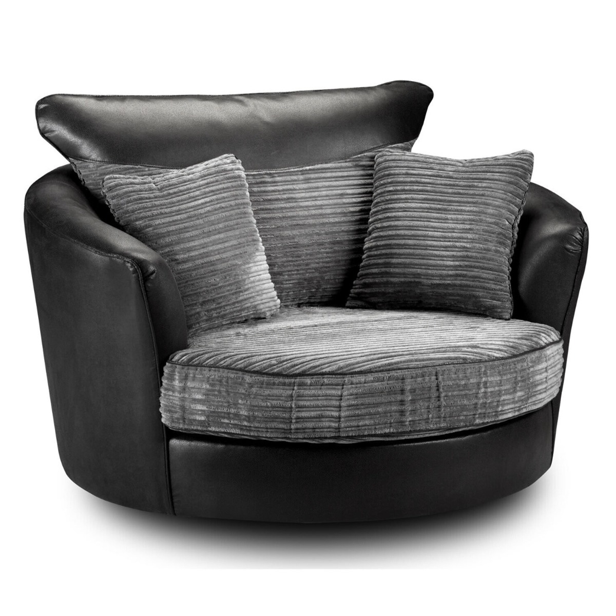 LORRAINE Leather and Jumbo Cord Swivel Chair - Grey and Black - Home Done