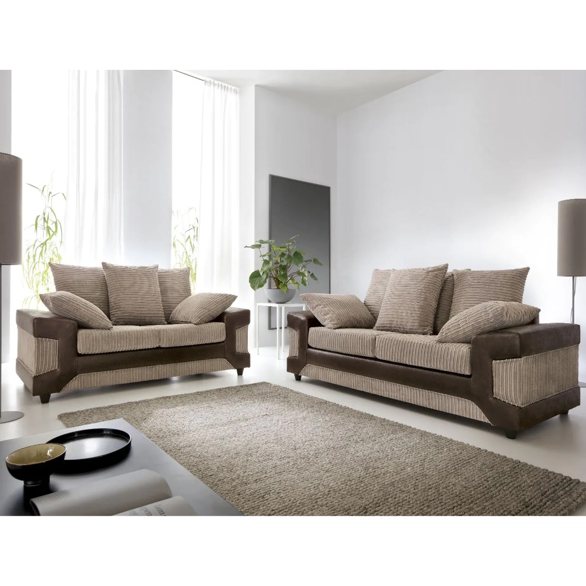 Dino Jumbo Cord Brown and Beige Sofa Set - Home Done