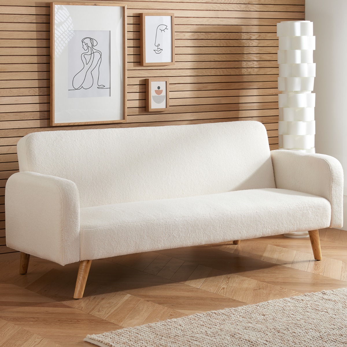 Micah Boucle Fabric 3 Seater Click Clack Mechanism Sofabed - White - Birlea Essentials