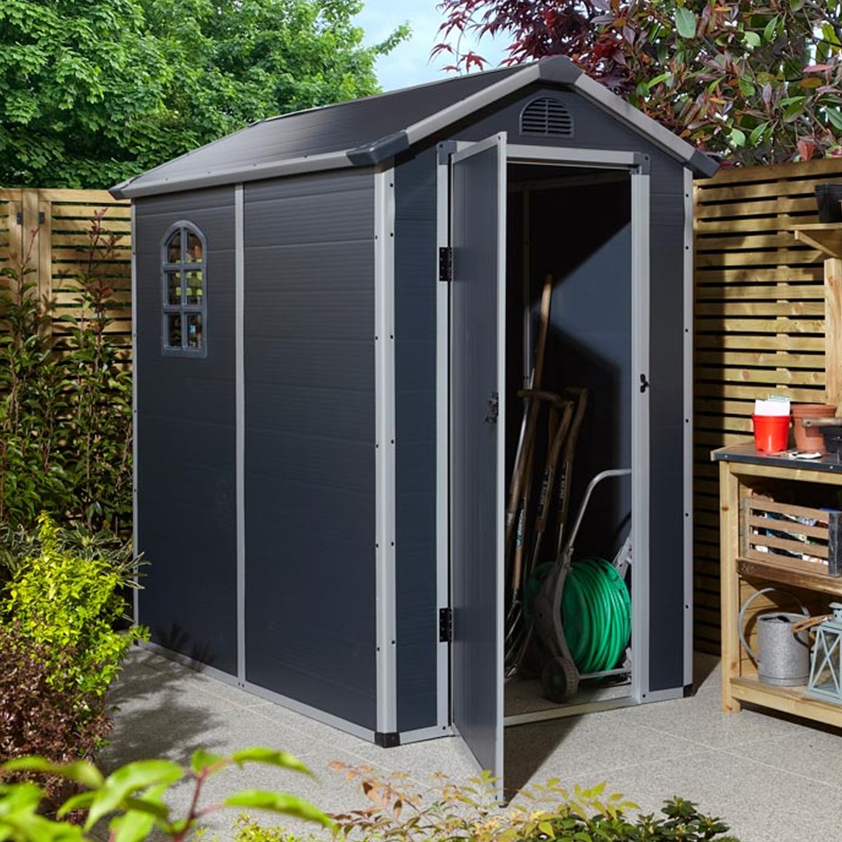 Tyrrell Apex Plastic 4x6 Garden Shed with Lockable Door and Side Window - Dark Grey - Etta Gardens