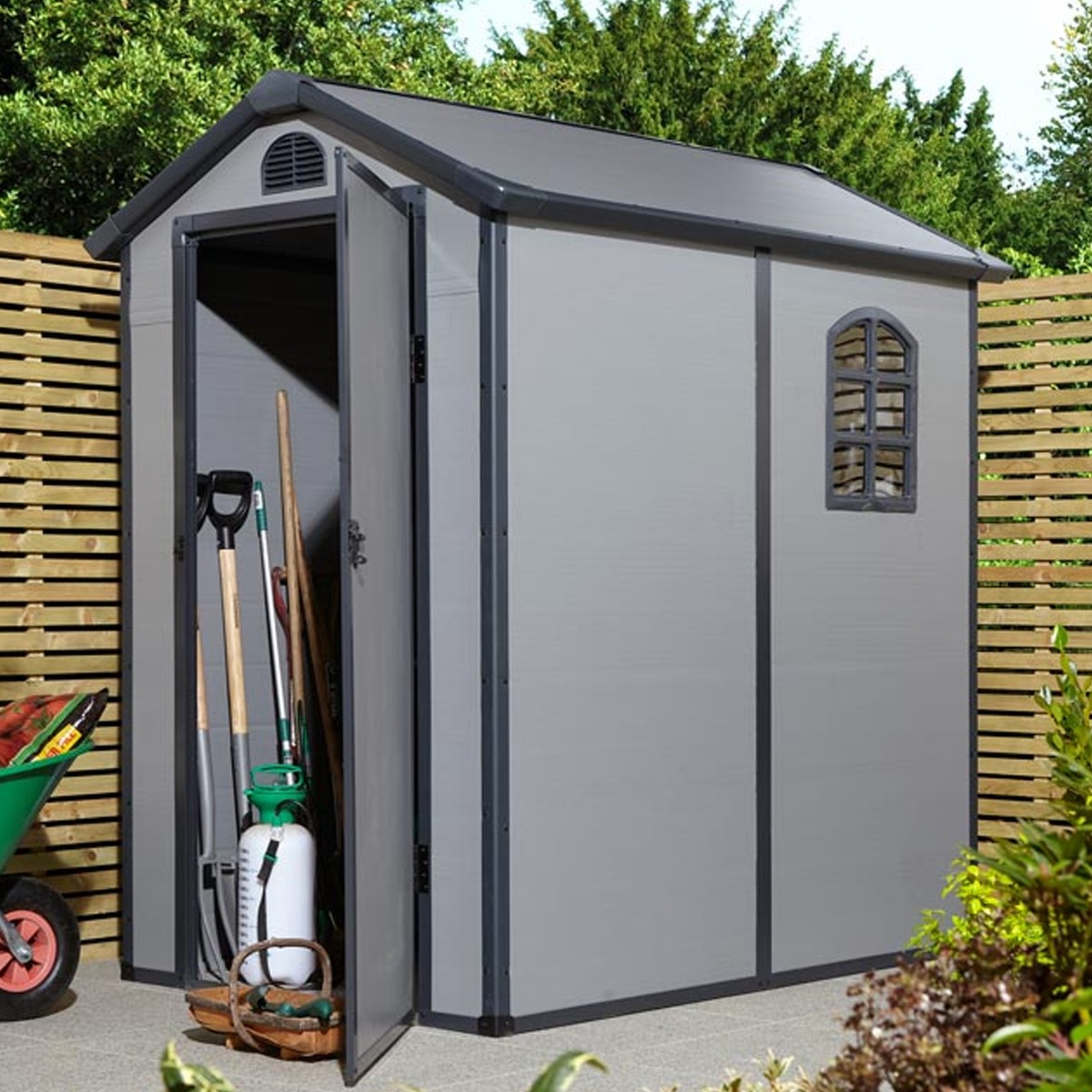Tyrrell Apex Plastic 4x6 Garden Shed with Lockable Door and Side Window - Light Grey - Etta Gardens