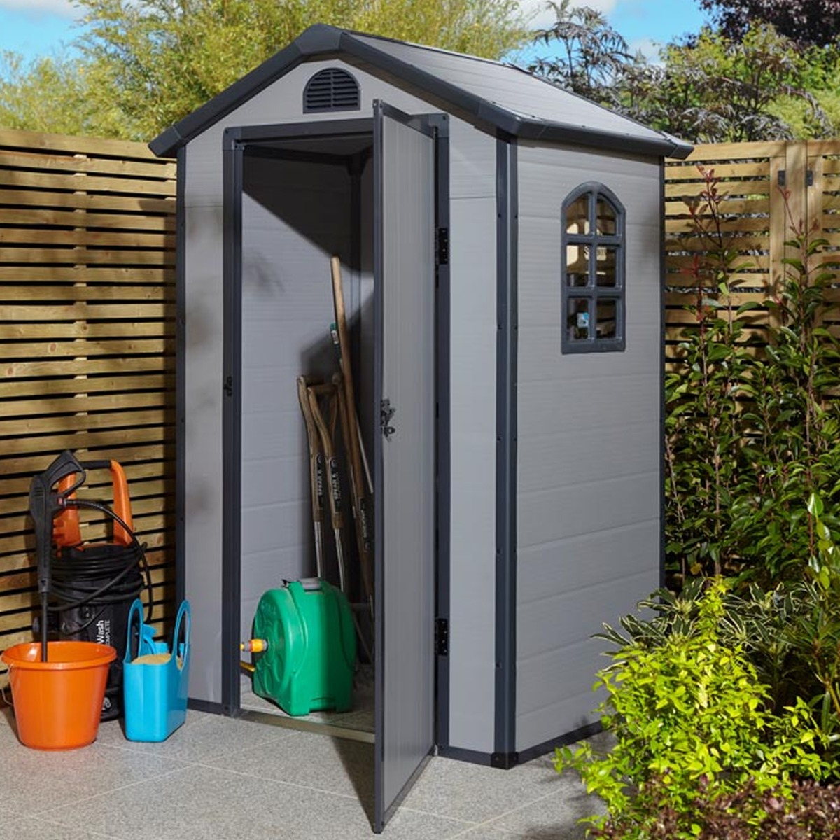 Tyrrell Apex Plastic 4x3 Garden Shed with Lockable Door and Side Window - Light Grey - Etta Gardens