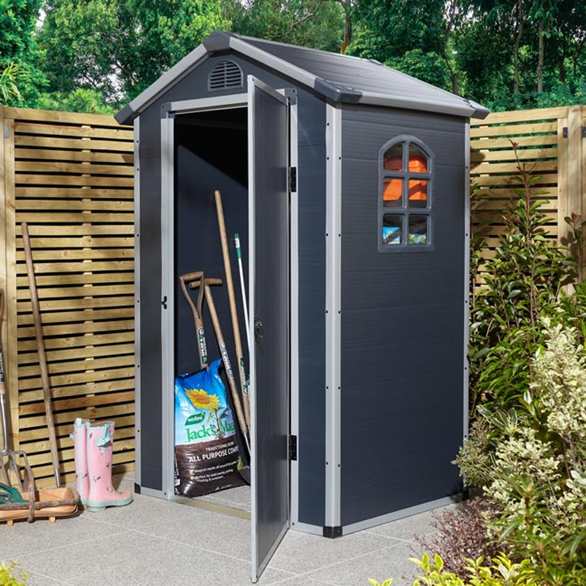 Tyrrell Apex Plastic 4x3 Garden Shed with Lockable Door and Side Window - Dark Grey - Etta Gardens