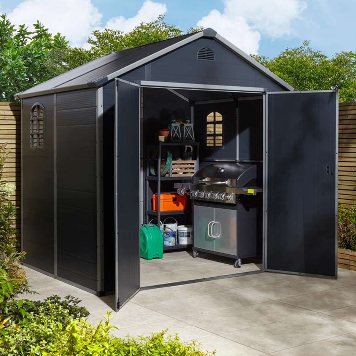 Tyrrell Apex Plastic 8x6 Garden Double Door Shed with Lockable Door and Side Window - Dark Grey - Etta Gardens
