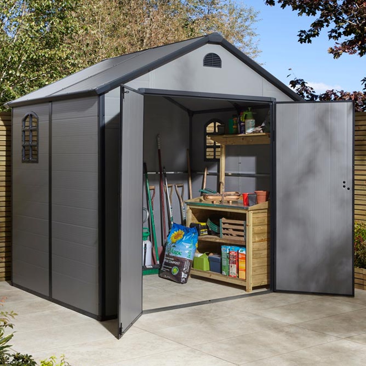 Tyrrell Apex Plastic 8x6 Garden Double Door Shed with Lockable Door and Side Window - Light Grey - Etta Gardens