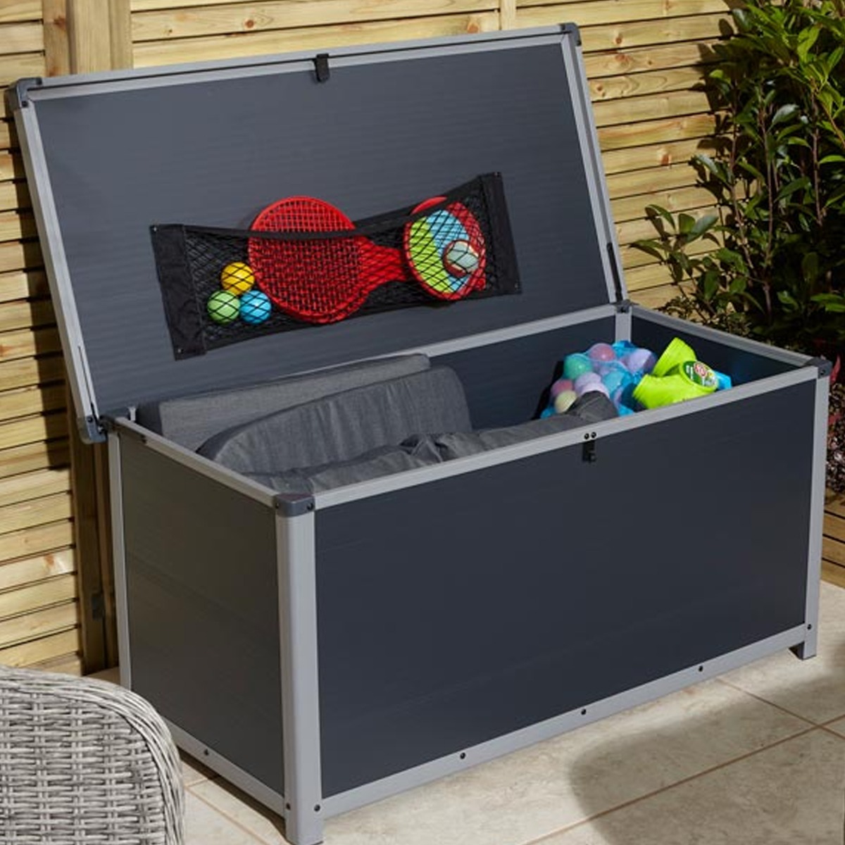 Tyrrell Apex Plastic 4x2 Garden Storage Box with Lift up Lid - Dark Grey - Etta Gardens