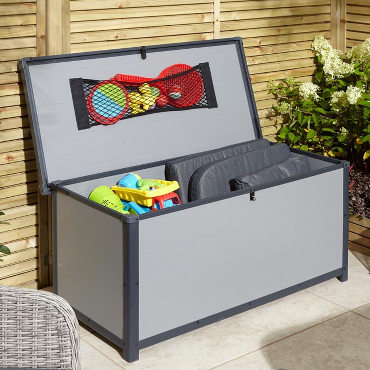 Tyrrell Apex Plastic 4x2 Garden Storage Box with Lift up Lid - Light Grey - Etta Gardens