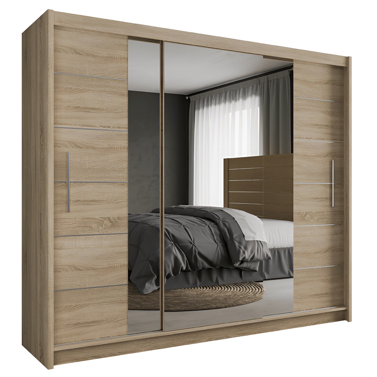 Sliding Wardrobe - LUZERN 3 Door Mirrored Wardrobe Oak Sonoma 250cm - Avellino & Wells