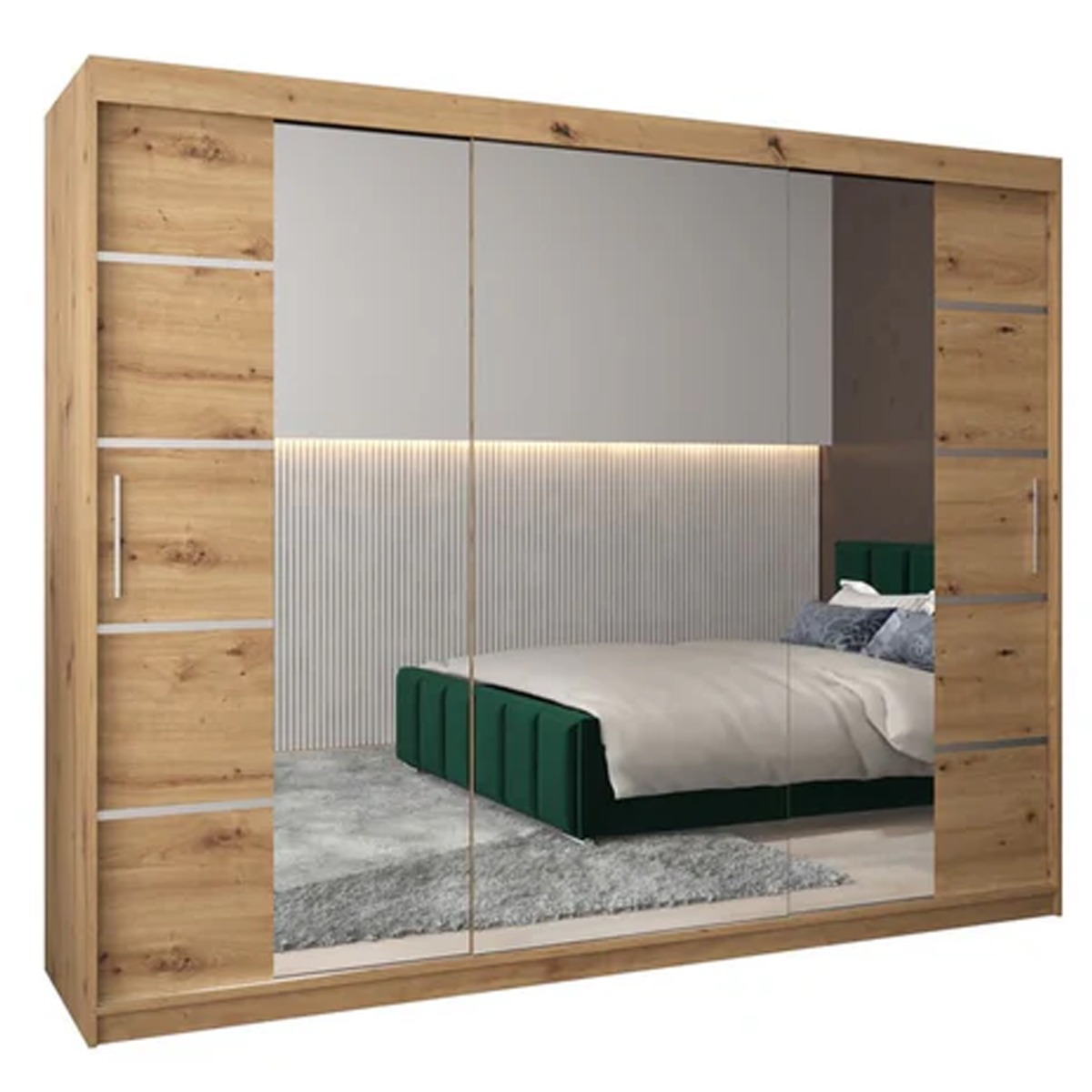 Sliding Wardrobe - VICENZA IV 3 Door Mirrored Wardrobe Oak Artisan 250cm - Art Nest
