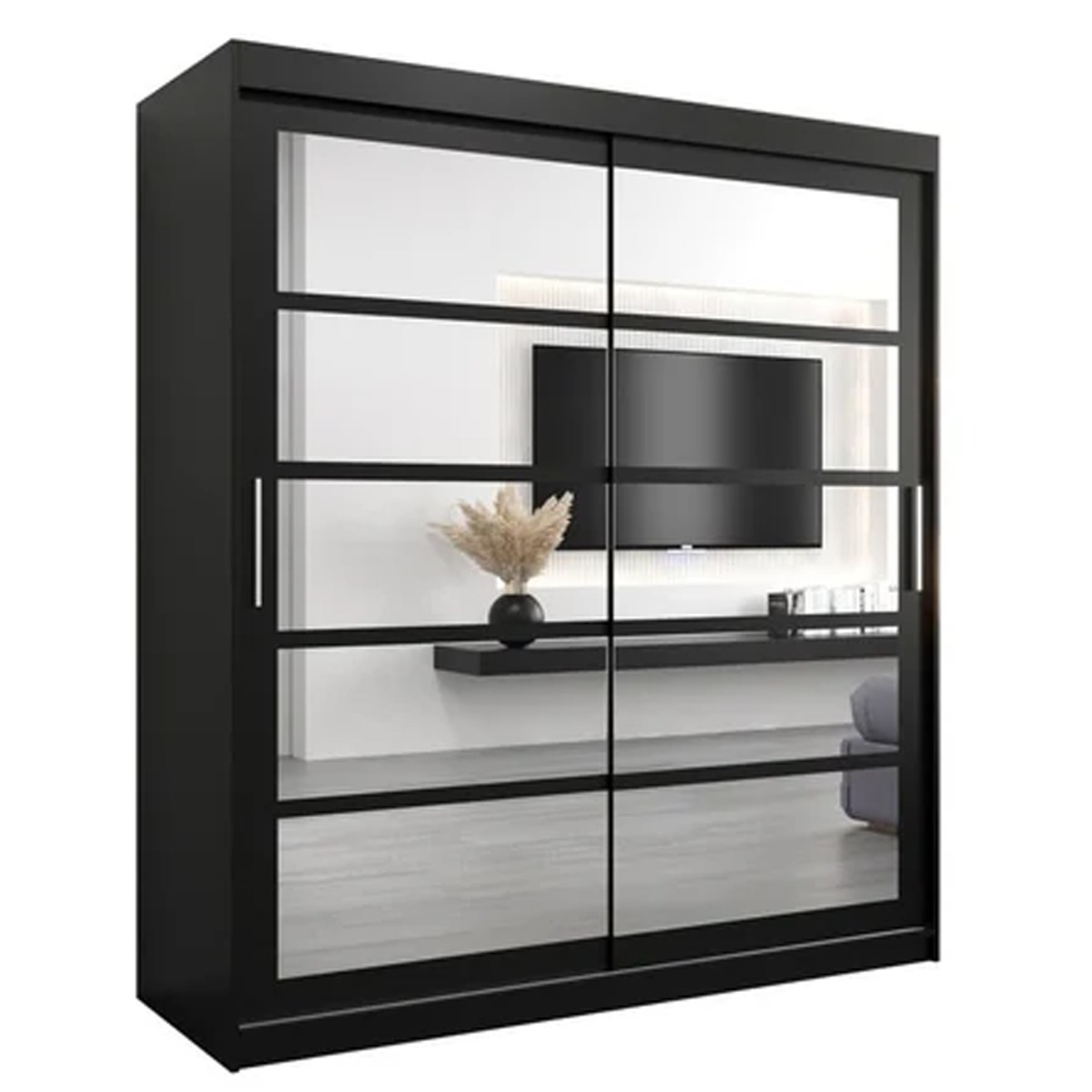 Sliding Wardrobe - CALVIN II 2 Door Mirrored Wardrobe Black 180cm - Art Nest