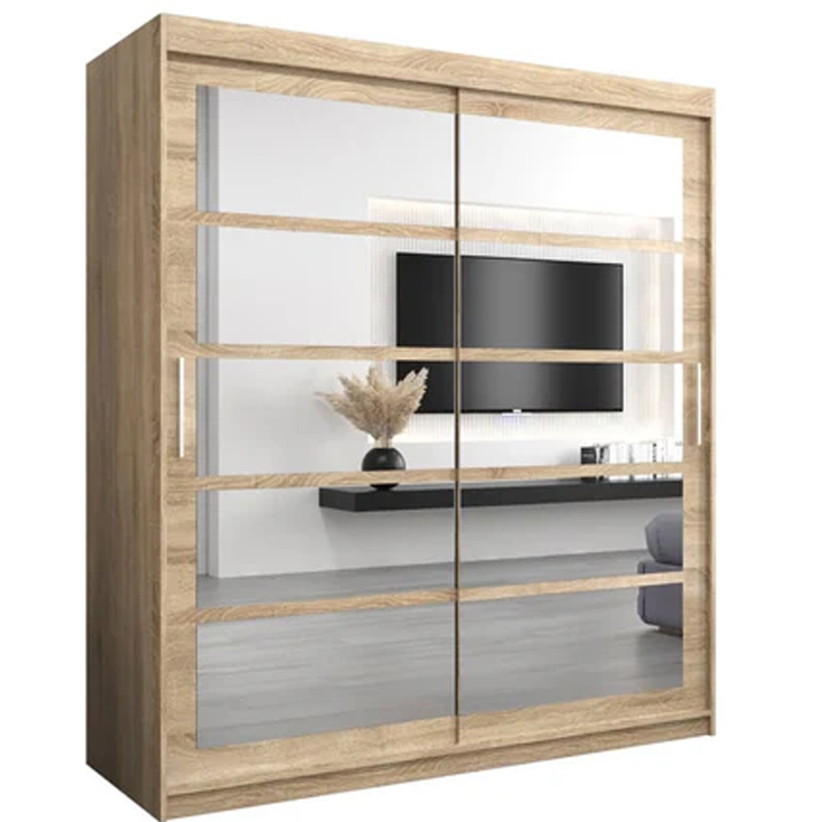Sliding Wardrobe - CALVIN II 2 Door Mirrored Wardrobe Oak Sonoma 180cm - Art Nest