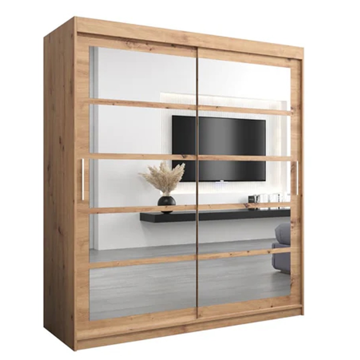 Sliding Wardrobe - CALVIN II 2 Door Mirrored Wardrobe Oak Artisan 180cm - Art Nest