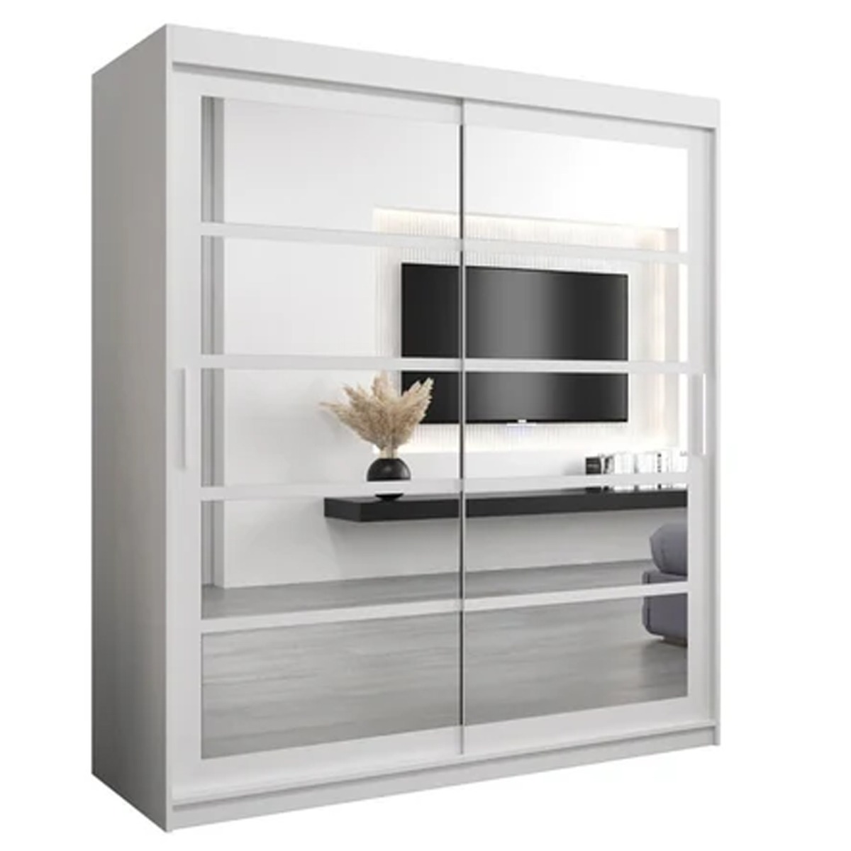 Sliding Wardrobe - CALVIN II 2 Door Mirrored Wardrobe White 180cm - Art Nest