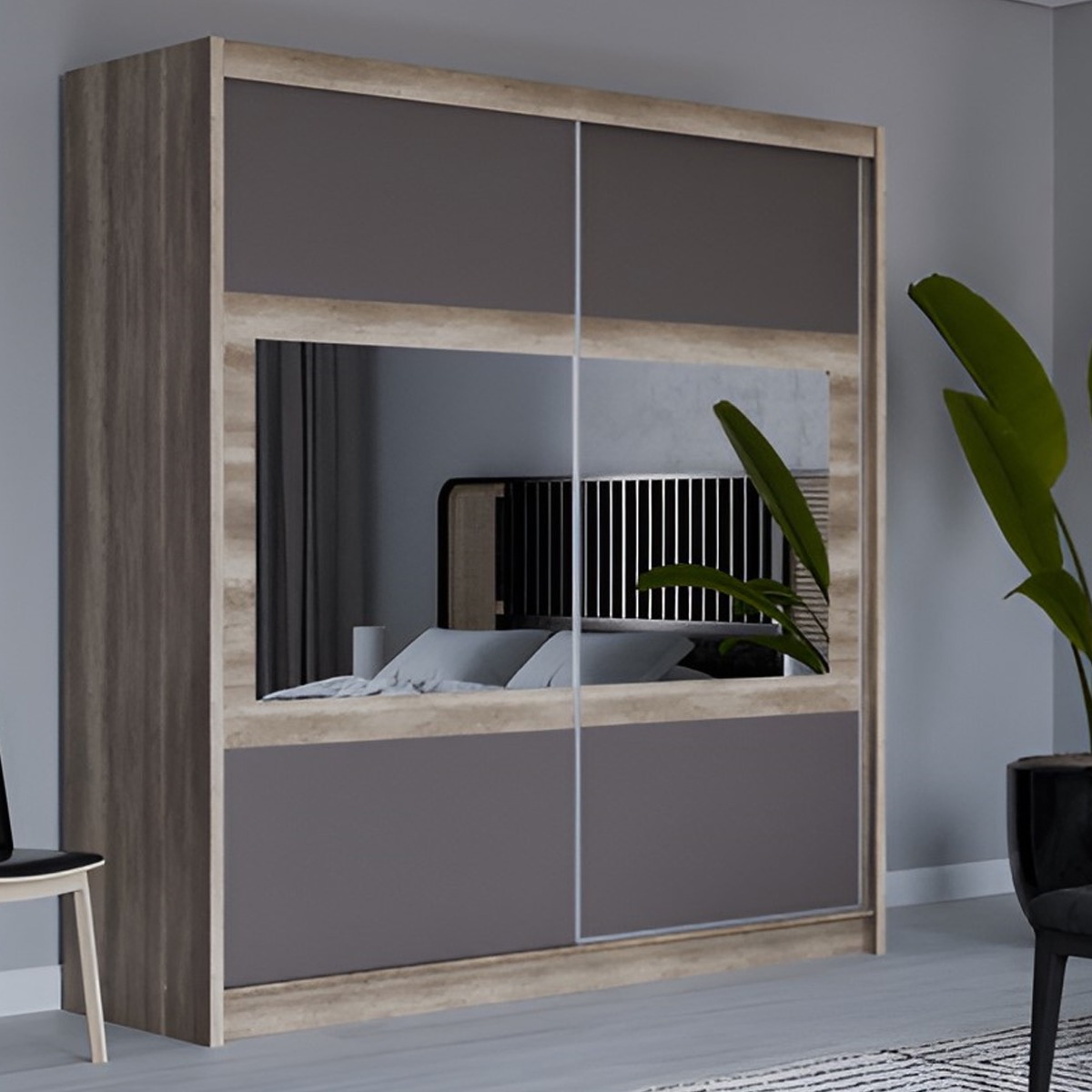 Sliding Wardrobe - WINDSOR 2 Door Mirrored Wardrobe Oak Grey 203cm - Avellino & Wells