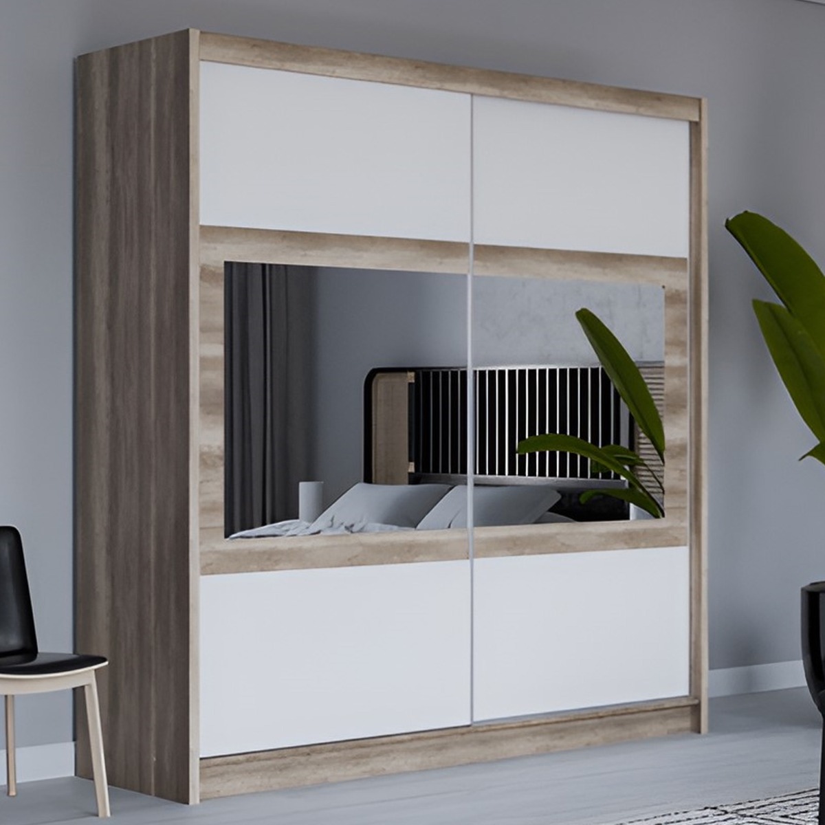 Sliding Wardrobe - WINDSOR 2 Door Mirrored Wardrobe Oak White 203cm - Avellino & Wells