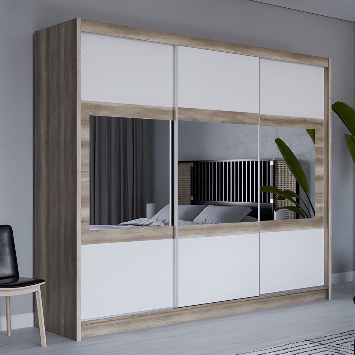 WINDSOR 3 Door Mirrored Sliding Wardrobe with 2 Drawers Oak and White - 250cm - Avellino & Wells