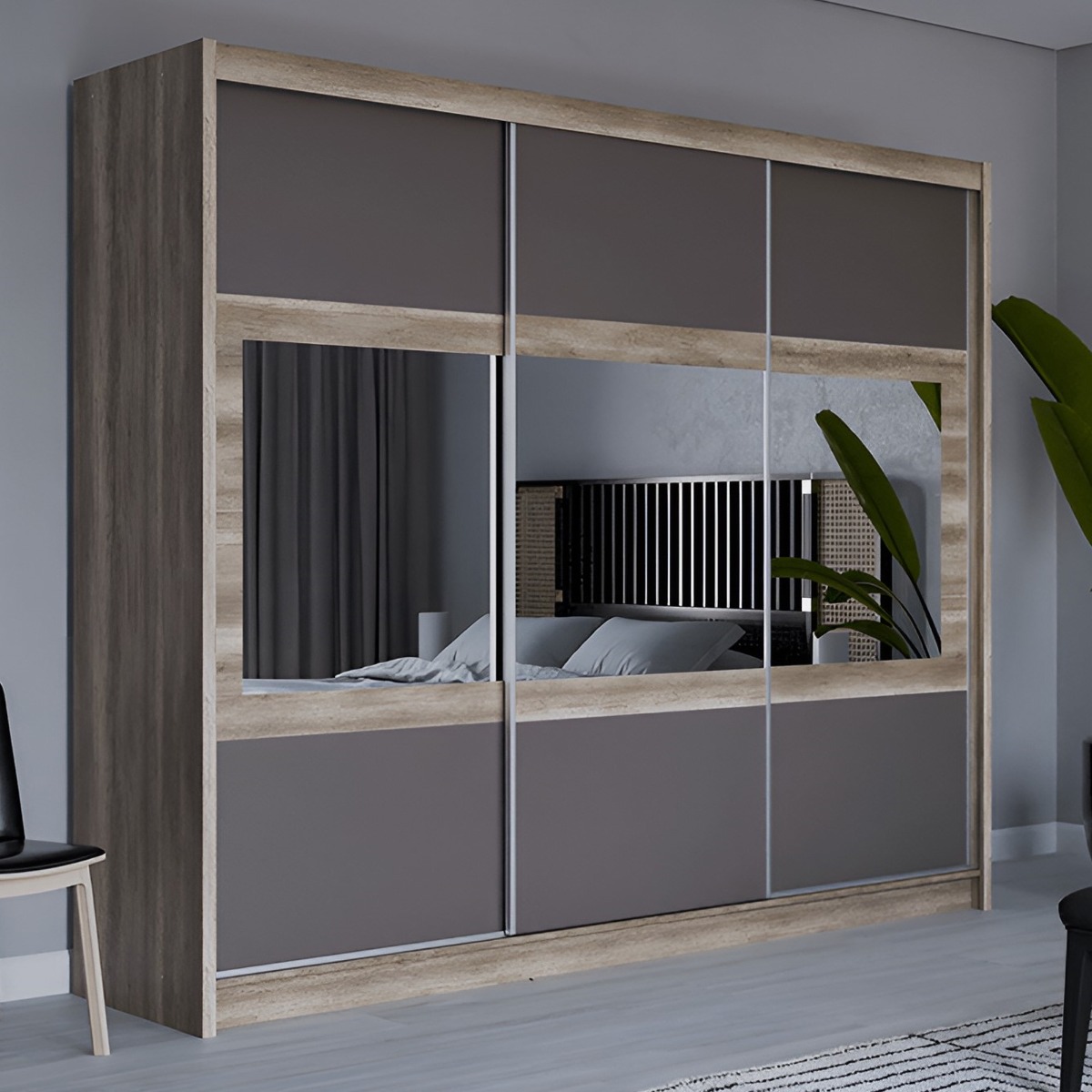 Sliding Wardrobe - WINDSOR 3 Door Mirrored Wardrobe Oak Grey 250cm - Avellino & Wells
